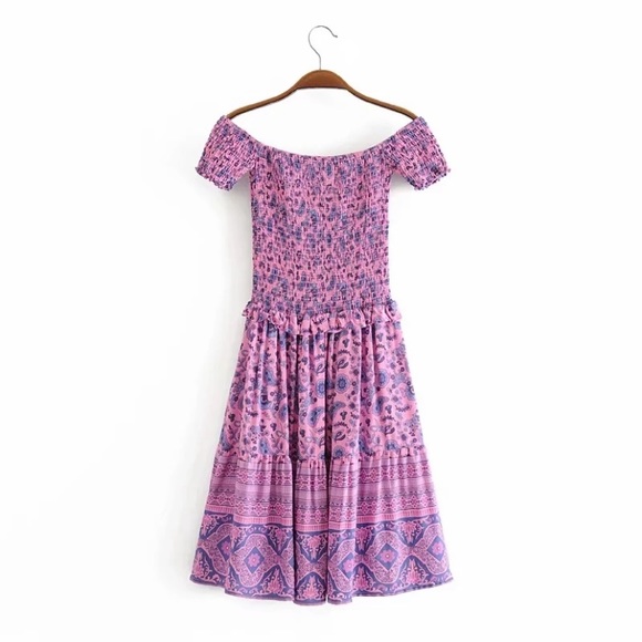 Purple Pink Floral Smocked Boho Off Shoulder Dress - Picture 6 of 8